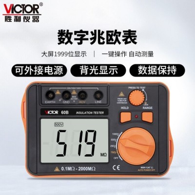 胜利仪器（VICTOR)VC60B数字兆欧表绝缘电阻测试仪250V/500V/1000V数字摇表